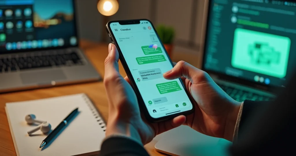Pessoa segurando smartphone com interface de chat de IA integrada ao WhatsApp em mesa de trabalho moderna