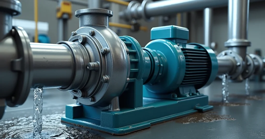Bomba de água potente instalada em tubo metálico com motor elétrico em ambiente industrial