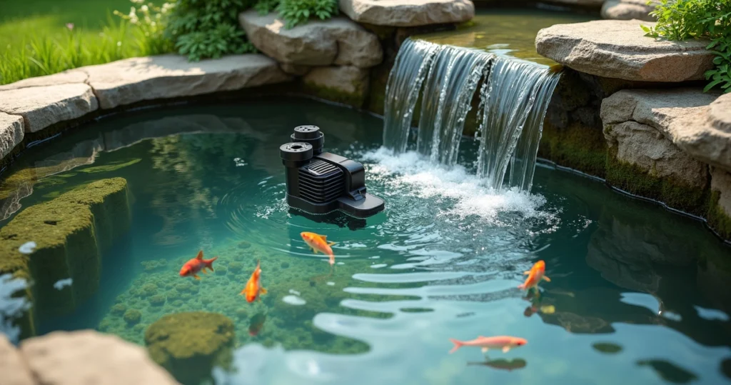 Bomba submersa instalada em lago ornamental com água cristalina e plantas aquáticas ao redor