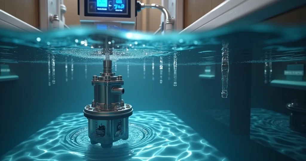 Bomba submersa em operação dentro de um poço subterrâneo com água cristalina, tubulações conectadas e controle digital ao fundo