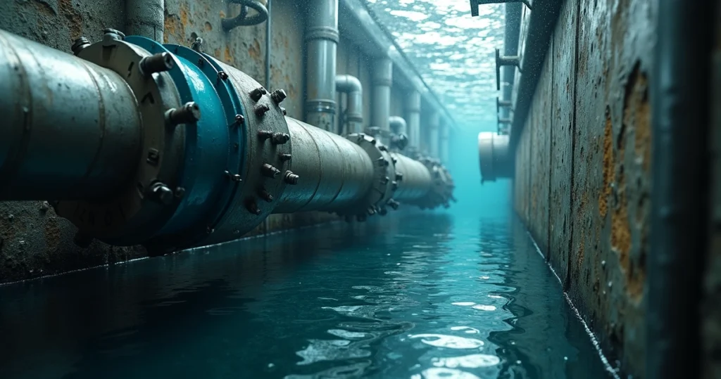 Bomba submersa de alta potência em operação em ambiente industrial, com tubulações metálicas e estrutura metálica ao redor, iluminação clara e detalhes realistas