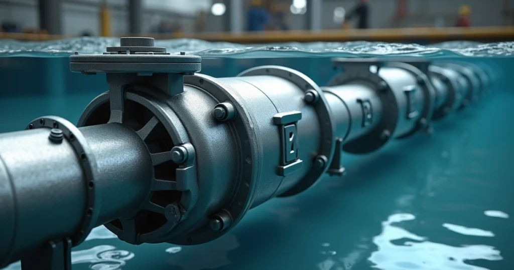 Bomba submersa metálica potente imersa em água com fundo azul e detalhes de tubulação industrial