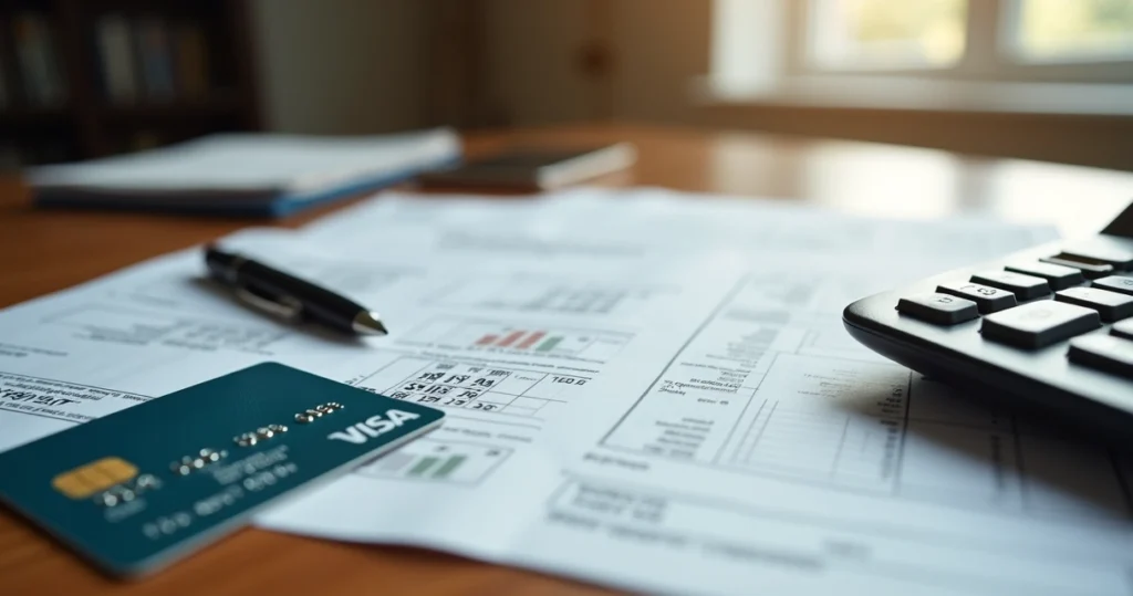 Cartão de crédito e documentos financeiros sobre mesa com calculadora ao lado