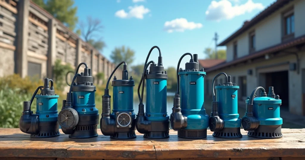 Variedade de bombas submersas instaladas em poços com detalhe em materiais e conexões