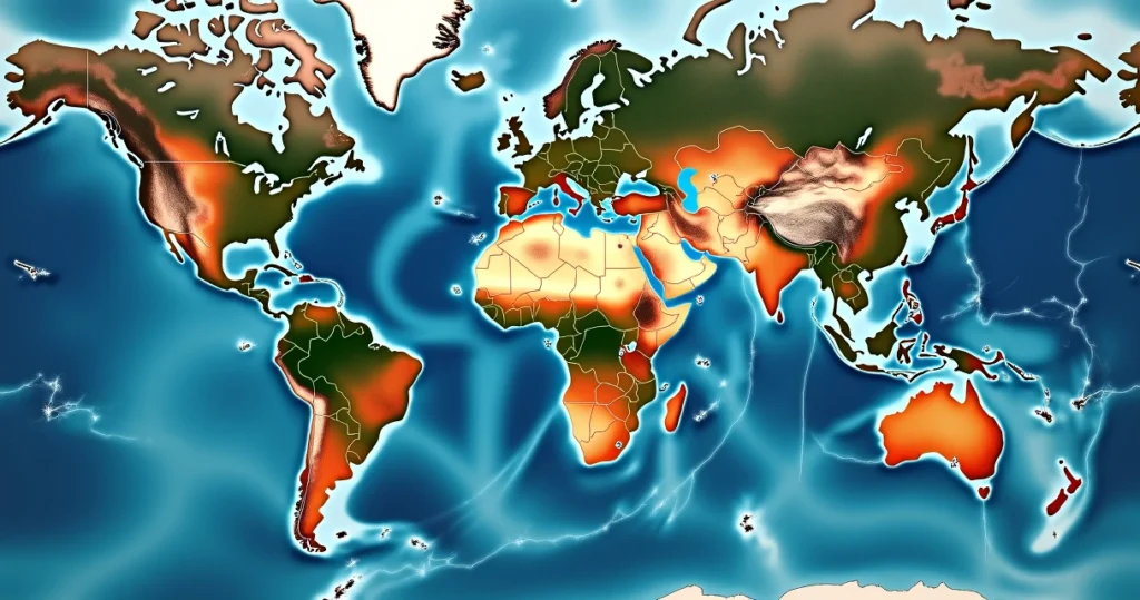 Mapa realista das Américas destacando rios e aquíferos principais em tons azuis e vermelhos, indicando tensões hídricas entre países, com elementos visuais de troca política e tecnologia de dessalinização