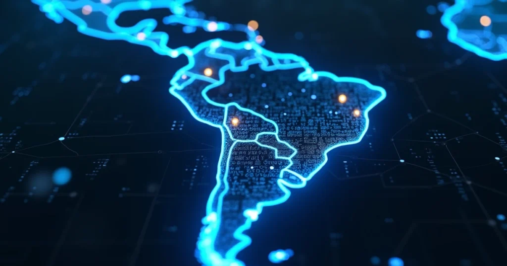 Mapa da América Latina com ícones de tecnologia, cadeias de semicondutores, redes 5G e empresas Huawei e Cisco