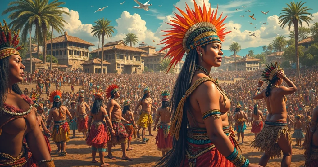 Mosaico vibrante com representações culturais das Américas, incluindo trajes indígenas, danças tradicionais, arquitetura histórica e elementos naturais variados