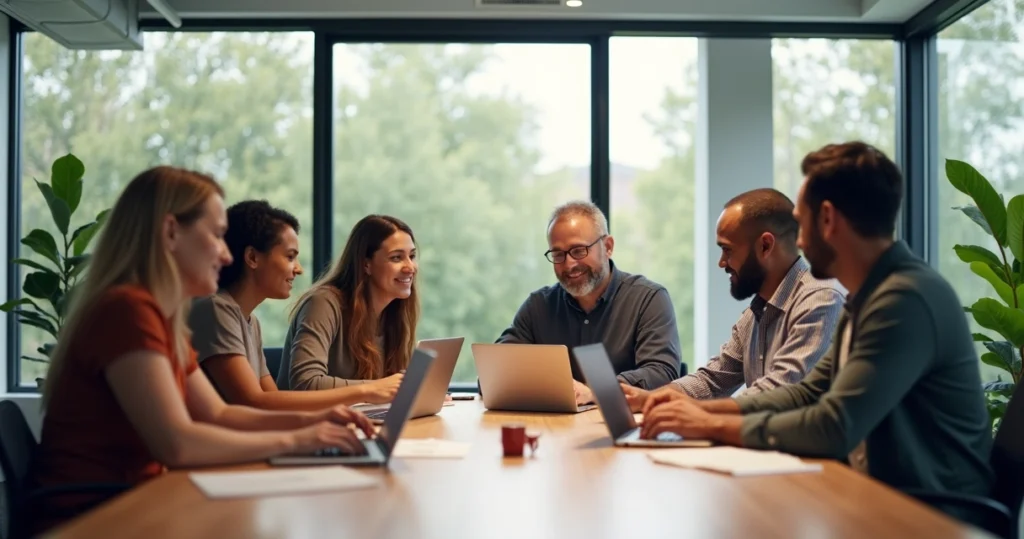 Equipe multicultural e diversificada trabalhando em escritório moderno com grandes janelas e ambiente iluminado