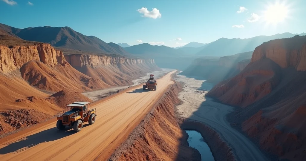 Vista aérea detalhada de mina de lítio e cobre na América do Sul com equipamentos modernos e céu claro
