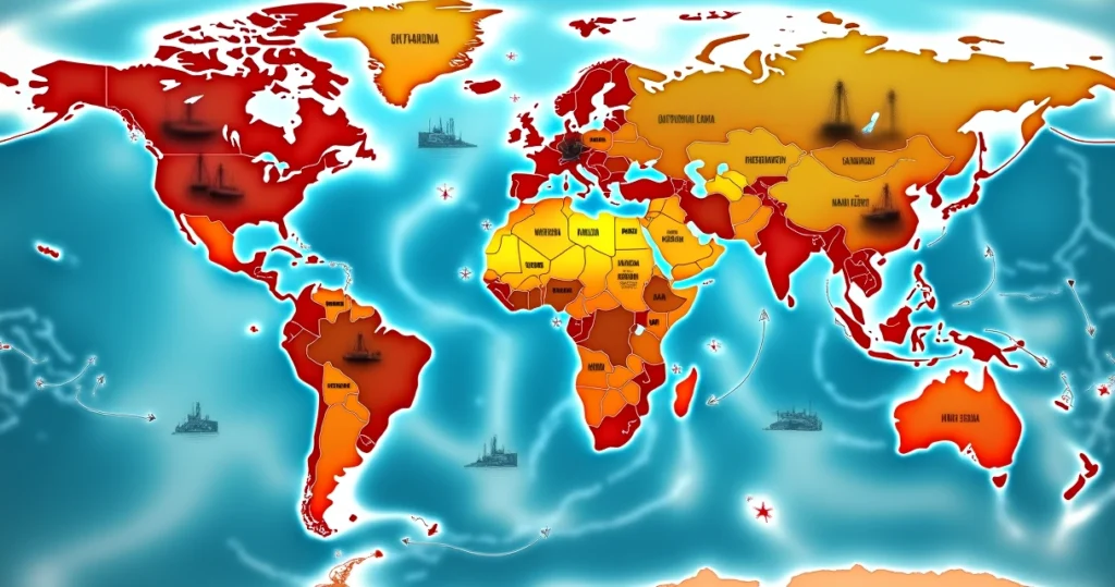 Mapa detalhado das Américas com destaque para elementos geopolíticos como petróleo, água e símbolos militares
