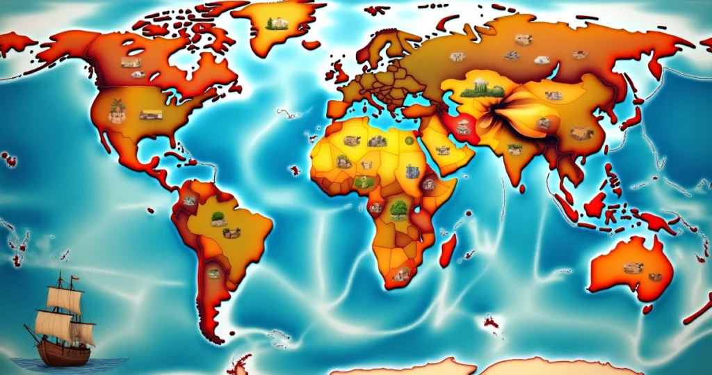 Mapa detalhado do continente americano com destaque para diversidade geográfica e cultural, mostrando América do Norte, Central e do Sul com cores vibrantes e ícones representando diversidade étnica e recursos naturais.