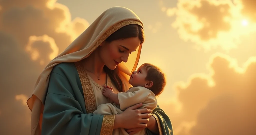 Maria segurando o menino Jesus, em cenário celestial com luz dourada e anjos ao fundo