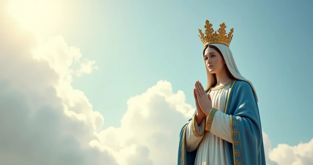 Estátua realista de Maria com coroa dourada, em fundo de céu azul com nuvens brancas detalhadas