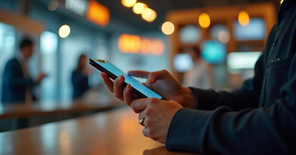 Pessoa usando smartphone para pagar com método BNPL em ambiente moderno e iluminado