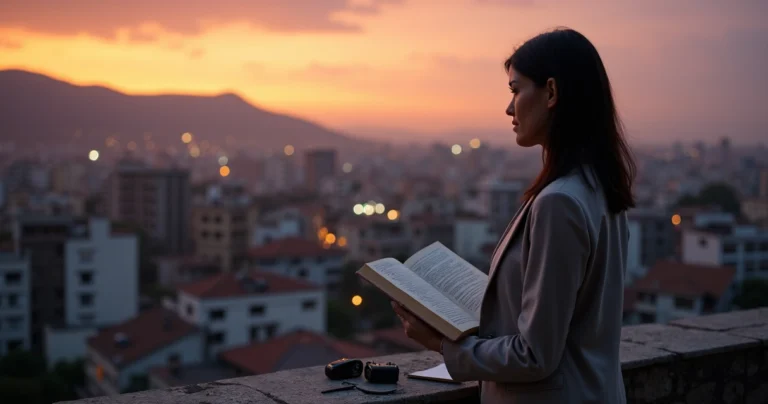 Vista de Caracas ao entardecer com jornalista segurando livro sobre crise na Venezuela