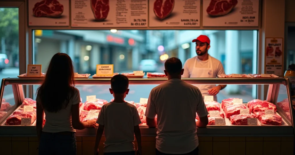 Família argentina diante de balcão de açougue olhando cortes de carne bovina caros