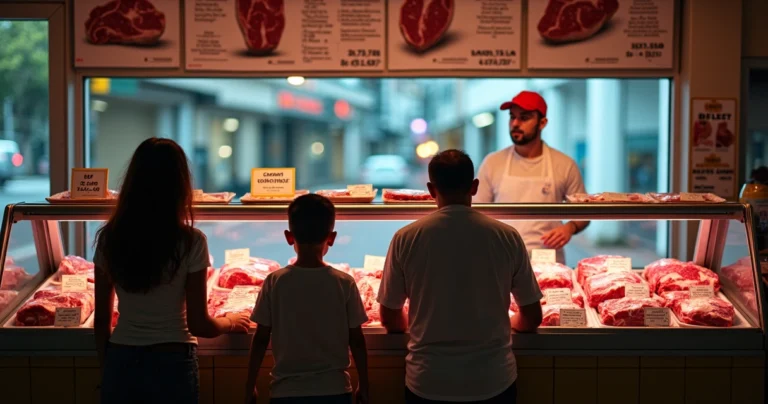 Família argentina diante de balcão de açougue olhando cortes de carne bovina caros