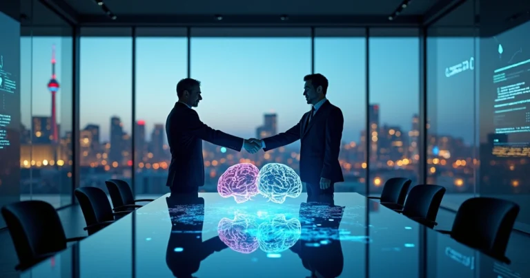 Duas silhuetas corporativas apertando as mãos diante de cérebros digitais conectados por cabos de dados entre Canadá, Alemanha e Estados Unidos