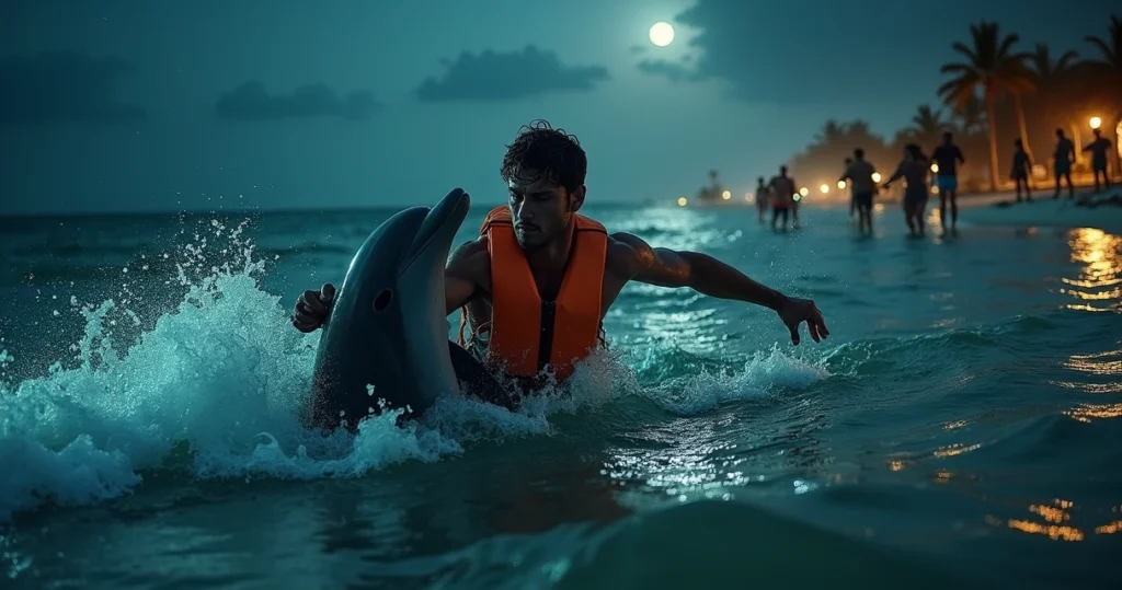 Golfinho puxando homem no mar iluminado por luzes da costa da Flórida à noite