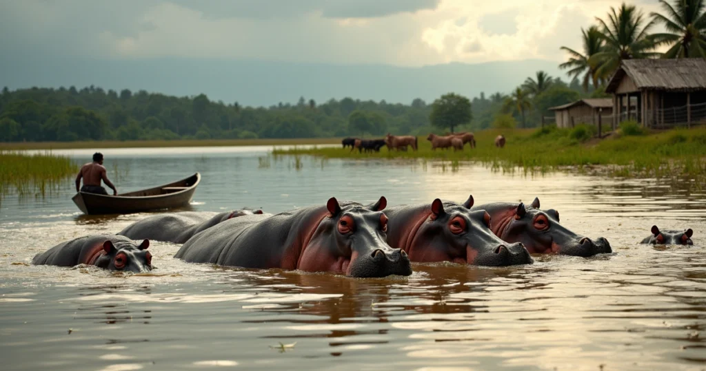 Grupo de hipopótamos em lago raso às margens do rio rodeado por fazendas na Colômbia