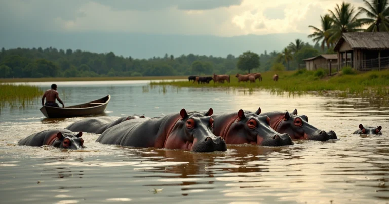 Grupo de hipopótamos em lago raso às margens do rio rodeado por fazendas na Colômbia