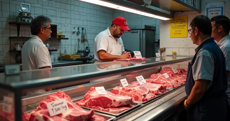 Balcão de açougue argentino exibindo carne bovina e carne de burro com preços em pesos