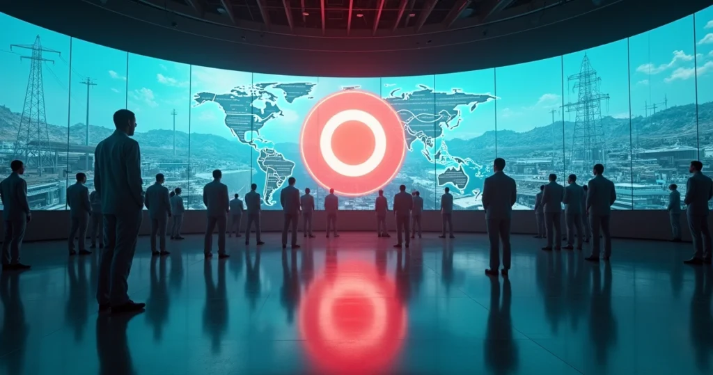 Engenheiros observam painel digital que mistura linhas de código e mapas da América com fábricas futuristas ao fundo