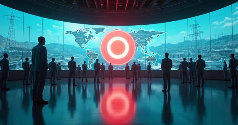 Engenheiros observam painel digital que mistura linhas de código e mapas da América com fábricas futuristas ao fundo