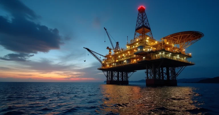 Plataforma de gás offshore iluminada ao anoitecer na costa da Venezuela