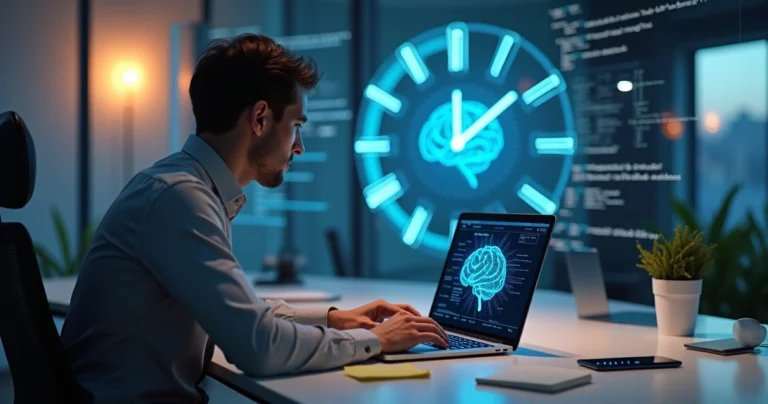 Profissional olhando para notebook com ícone de inteligência artificial e relógio gigante ao fundo