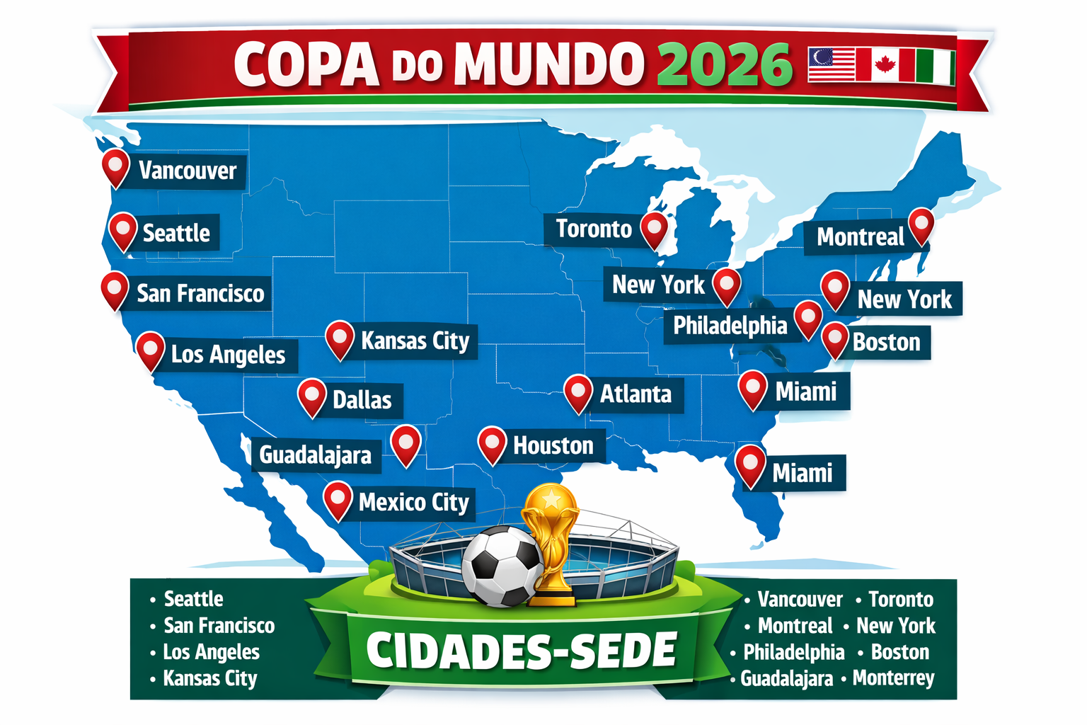 Mapa das cidades-sede da Copa do Mundo 2026