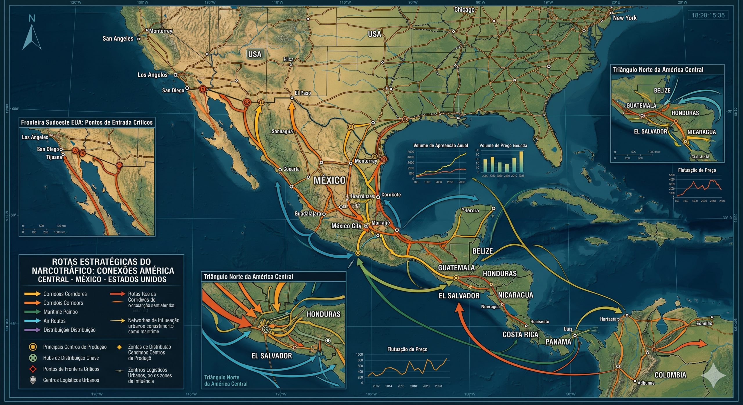 Mapa estratégico das rotas dos cartéis mexicanos