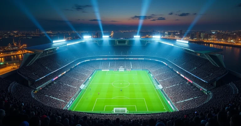 Vista aérea de estádio iluminado na América do Norte com torcida vibrando à noite