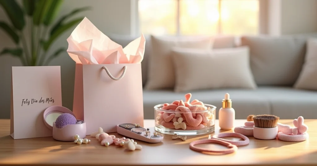 Mesa com produtos de beleza variados organizados como presente de Dia das Mães