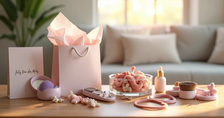 Mesa com produtos de beleza variados organizados como presente de Dia das Mães