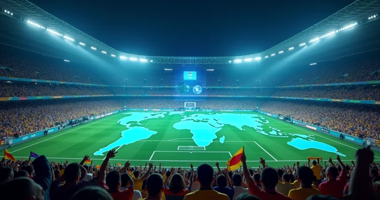 Torcida em estádio lotado sobre mosaico luminoso das Américas