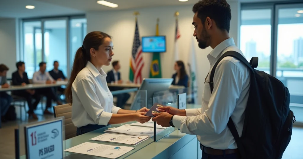 Brasileiro em balcão de consulado dos EUA entregando passaporte para visto de turista
