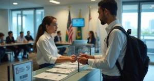 Brasileiro em balcão de consulado dos EUA entregando passaporte para visto de turista