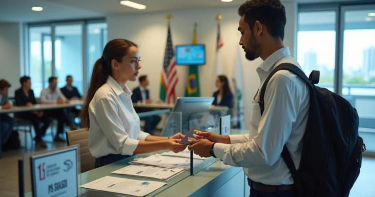 Brasileiro em balcão de consulado dos EUA entregando passaporte para visto de turista
