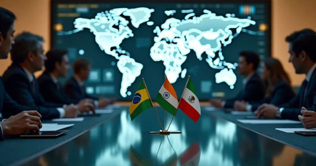 Mesa de negociações com diplomatas do Brasil Índia México e Estados Unidos