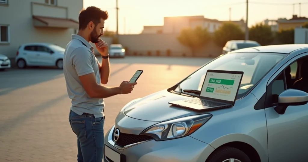 Motorista consultando valor de carro usado em notebook ao lado do veículo em estacionamento