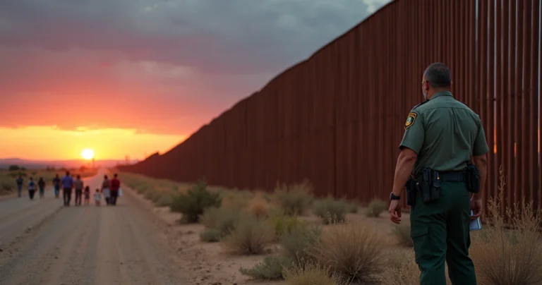 Agente de fronteira observa cerca metálica na divisa entre Estados Unidos e México ao pôr do sol