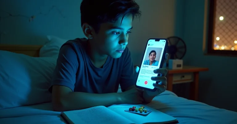 Jovem segurando comprimidos enquanto assiste vídeo de remédios no TikTok no celular