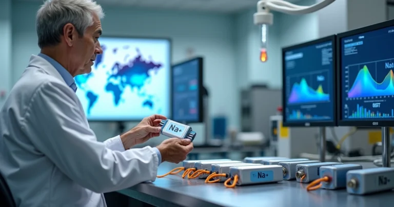 Pesquisador analisa protótipo de bateria de sódio em laboratório moderno