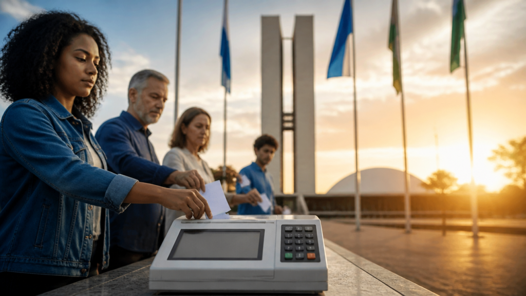 Urna eletrônica e eleitores em ambiente institucional, simbolizando as eleições gerais no Brasil em 2026