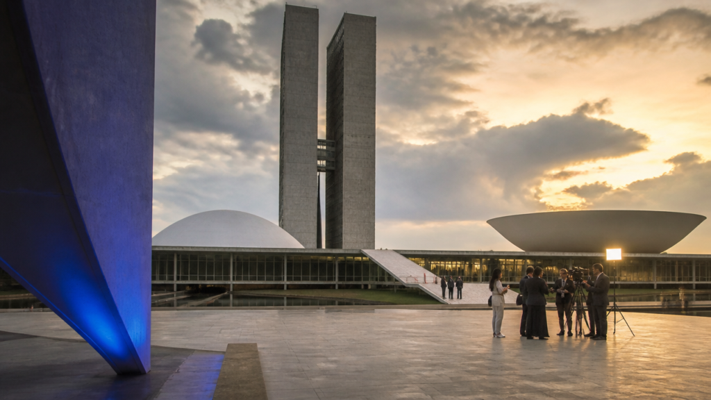 Vista institucional de Brasília com atmosfera de investigação política e justiça eleitoral