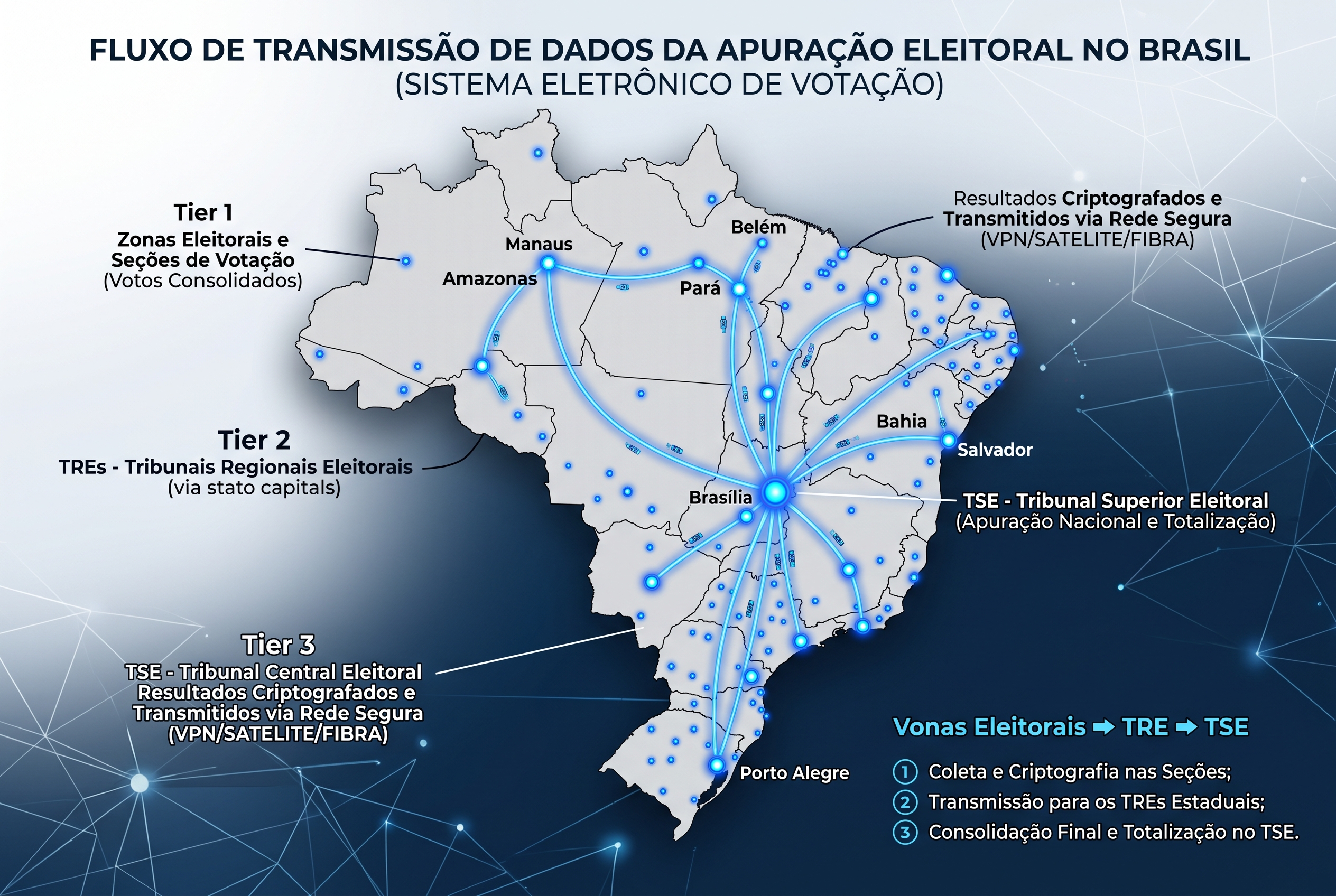 Mapa do Brasil mostrando de forma ilustrativa a cadeia territorial entre seções eleitorais, Tribunais Regionais Eleitorais e totalização nacional