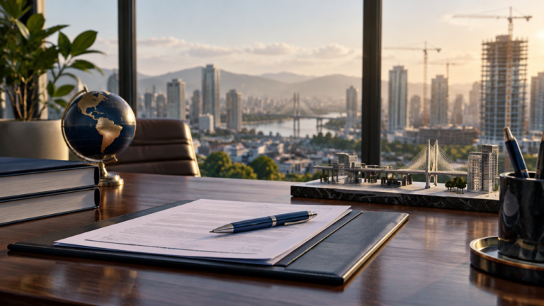 Documentos contratuais e maquete de infraestrutura diante de um skyline latino-americano, representando confiança jurídica e investimento de longo prazo