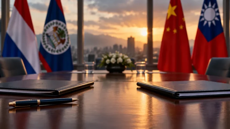 Mesa diplomática com documentos e bandeiras do Paraguai, Belize, China e Taiwan, ilustrando a disputa que motivou as sanções.