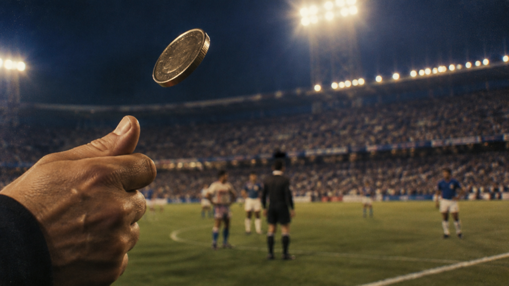 Moeda girando diante de um estádio de futebol sul-americano em clima histórico